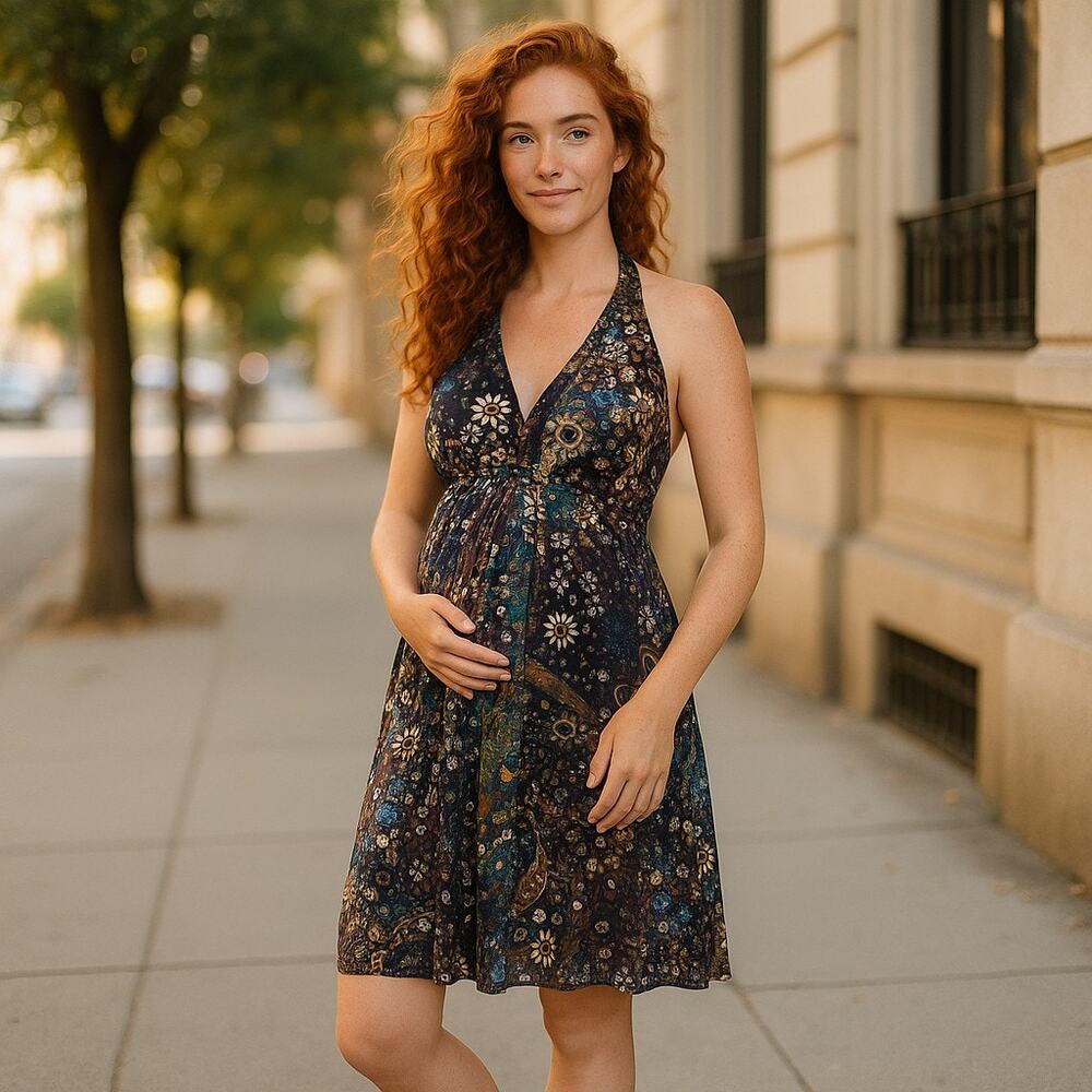 Olian Womens Top Size Large Maternity Fall Colors Floral Halter Dress‎ NEW